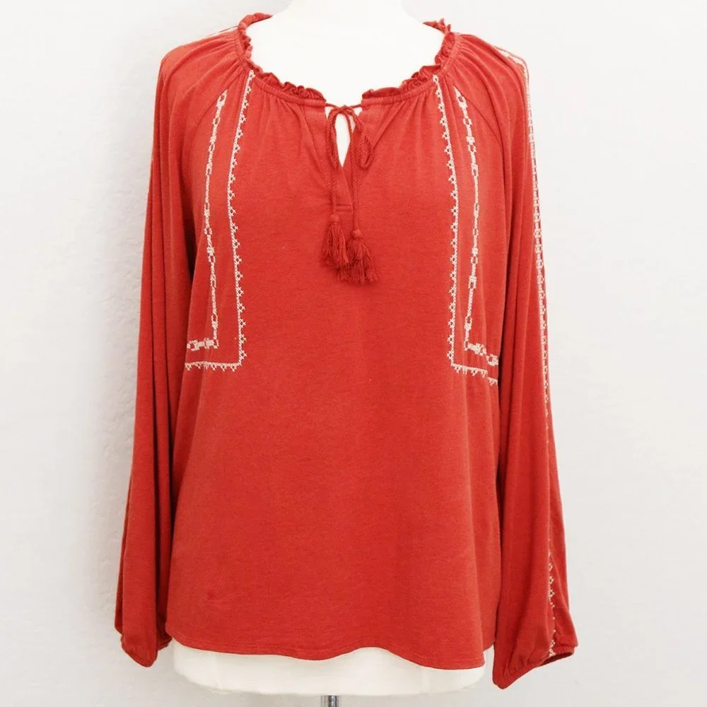 Garnet Hill Organic Cotton Tencel Blend Cross Stitch Embroidered Peasant Top M - Picture 14 of 14